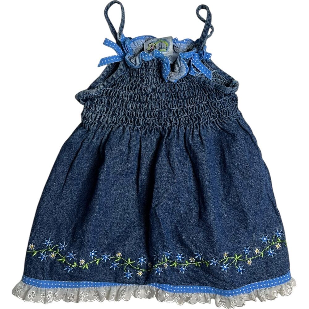 No Kidding Vintage Y2K Baby Denim Floral Embroidered Laced Trim Dress